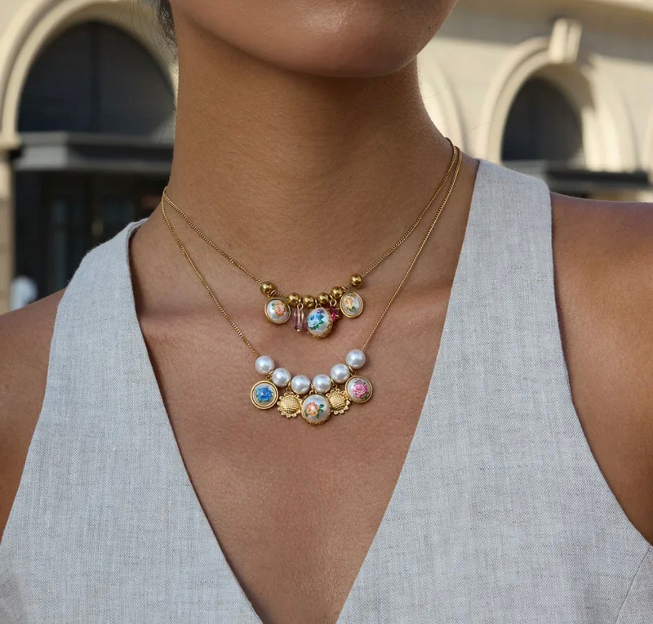 Charms 18K Gold Stainless Steel Necklace With Zircon Crystal High Gloss Pearl Print Pendant