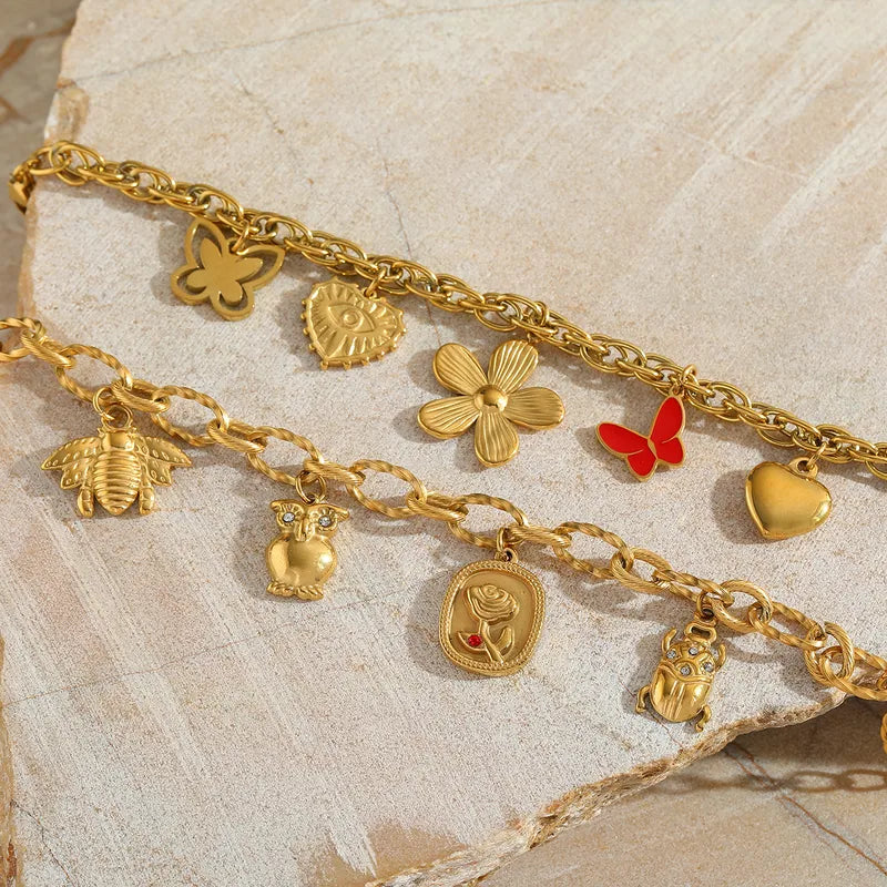 Geometric Animal Heart Shape 304 Stainless Steel 18K Gold Plated Zircon Cable Chain Multi Charms Bracelet