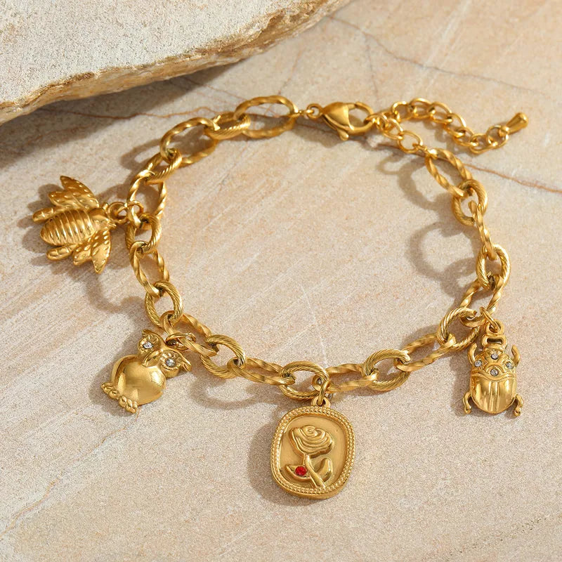 Geometric Animal Heart Shape 304 Stainless Steel 18K Gold Plated Zircon Cable Chain Multi Charms Bracelet