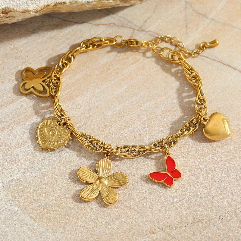 Geometric Animal Heart Shape 304 Stainless Steel 18K Gold Plated Zircon Cable Chain Multi Charms Bracelet