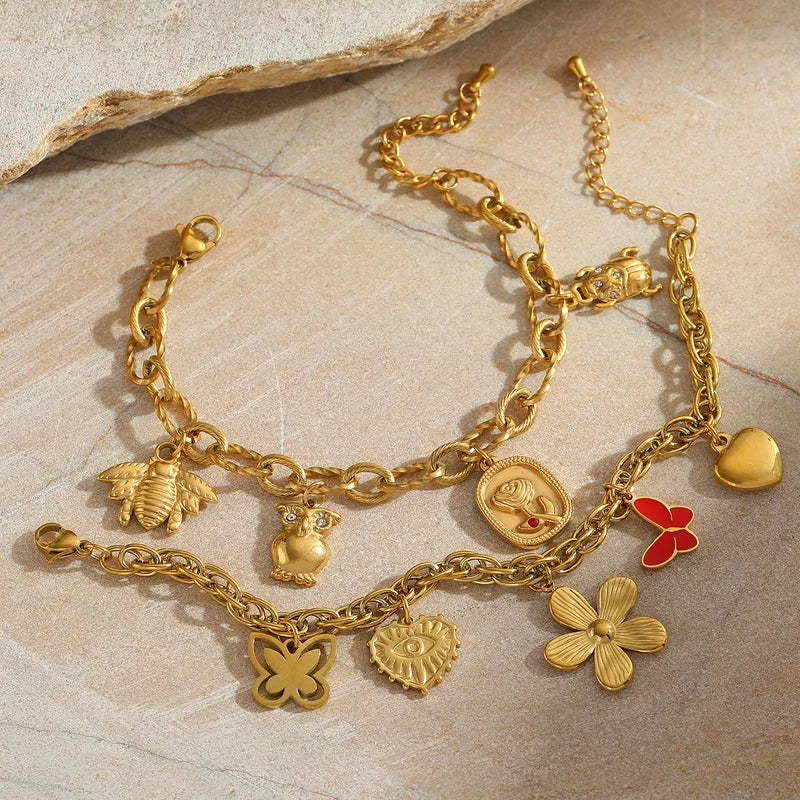 Geometric Animal Heart Shape 304 Stainless Steel 18K Gold Plated Zircon Cable Chain Multi Charms Bracelet