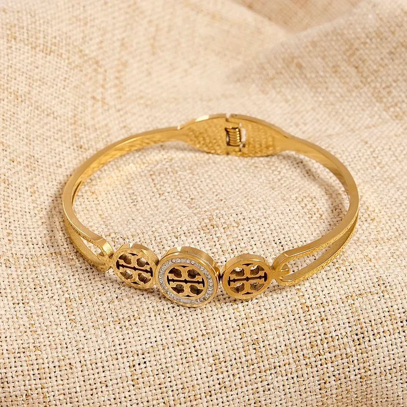 Classic Style Geometric 304 Stainless Steel 18K Gold Plated Zircon Bangle