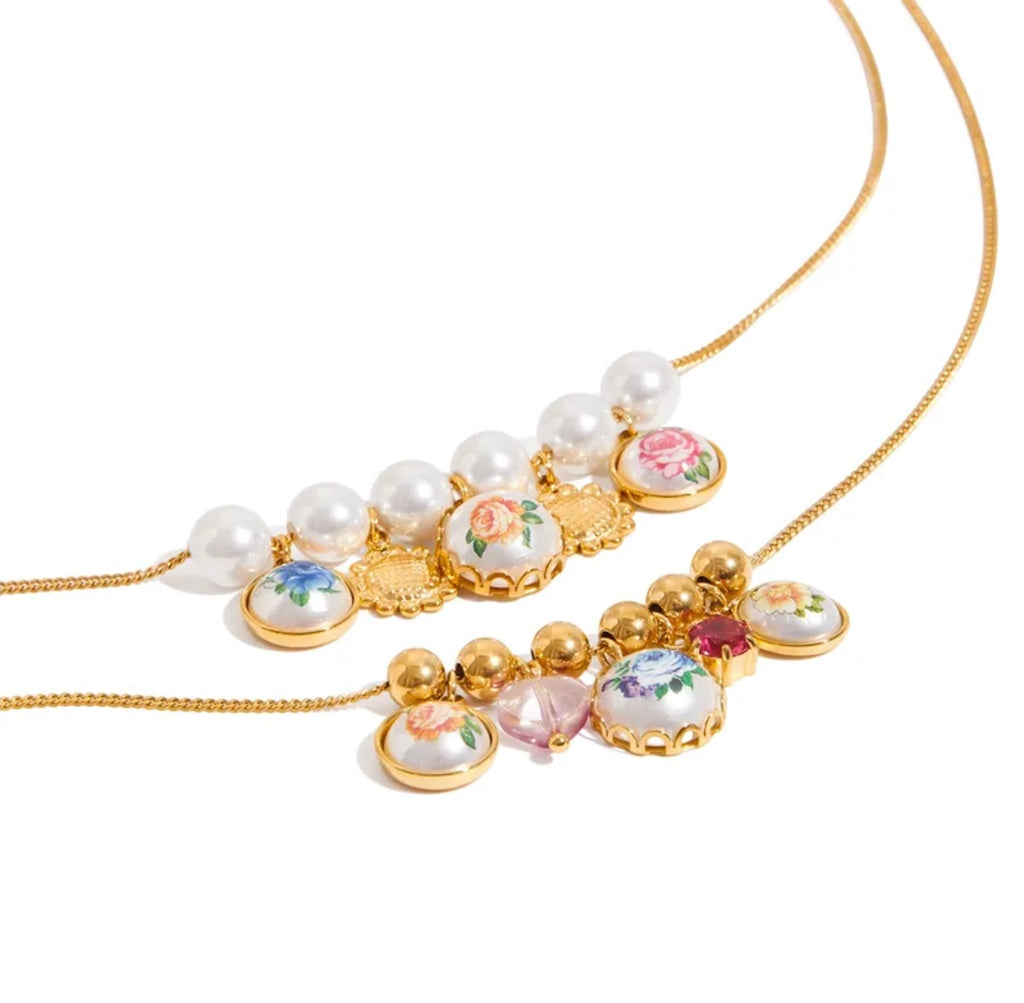 Charms 18K Gold Stainless Steel Necklace With Zircon Crystal High Gloss Pearl Print Pendant