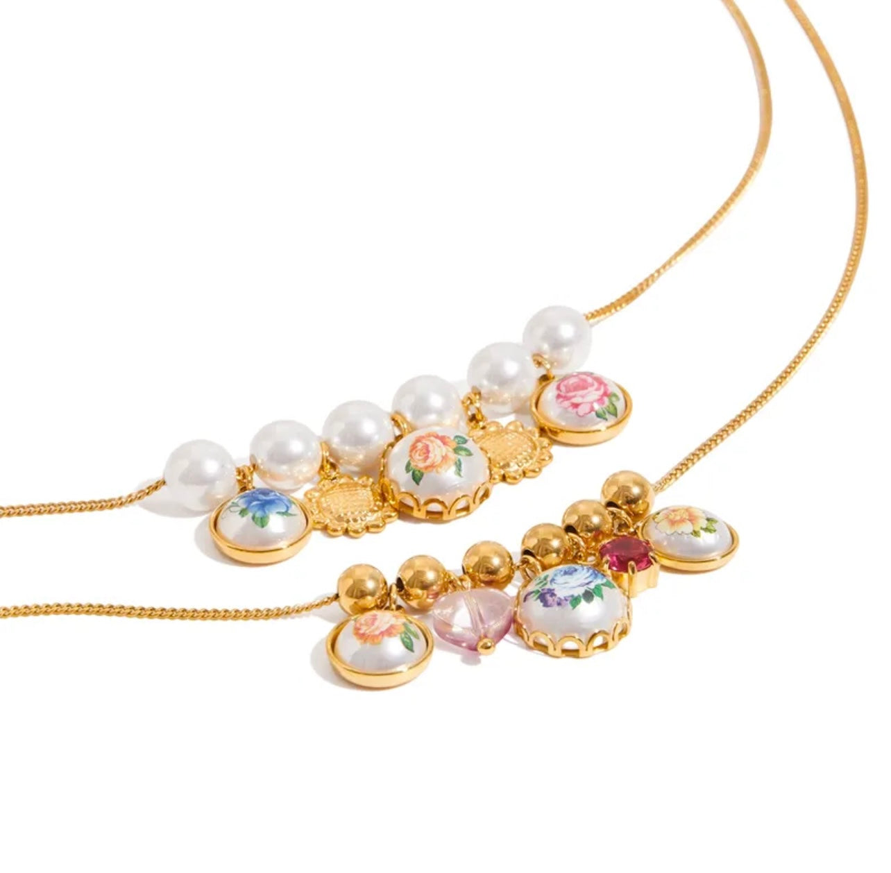 Charms 18K Gold Stainless Steel Necklace With Zircon Crystal High Gloss Pearl Print Pendant
