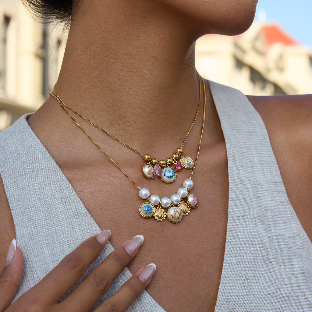 Charms 18K Gold Stainless Steel Necklace With Zircon Crystal High Gloss Pearl Print Pendant