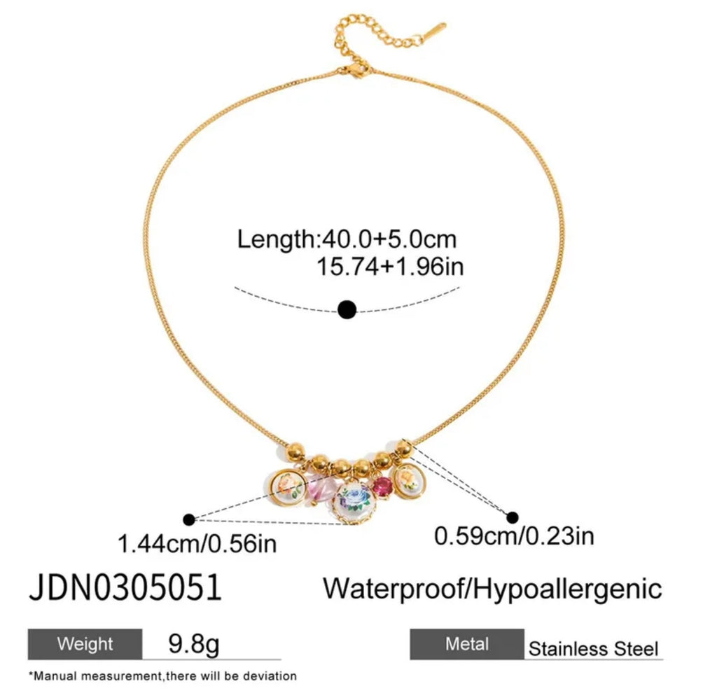 Charms 18K Gold Stainless Steel Necklace With Zircon Crystal High Gloss Pearl Print Pendant