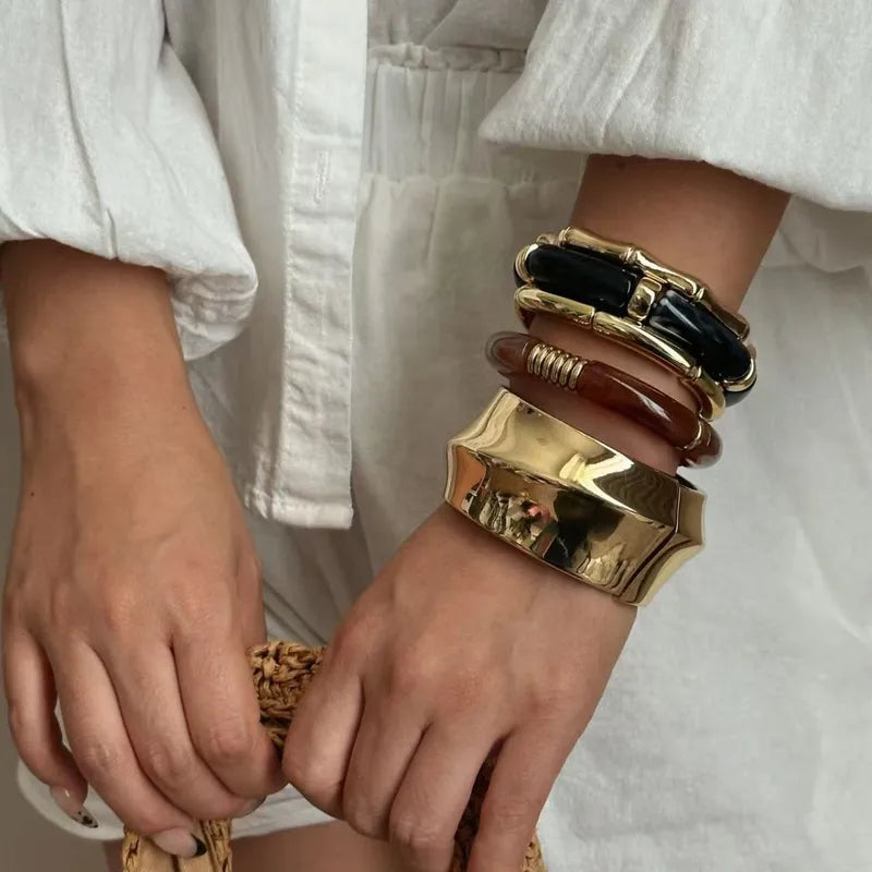 Warm Color Geometric Pattern Alloy Resin Bracelet Set