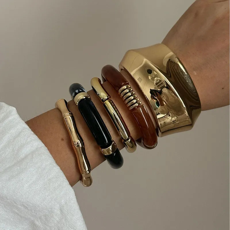 Warm Color Geometric Pattern Alloy Resin Bracelet Set