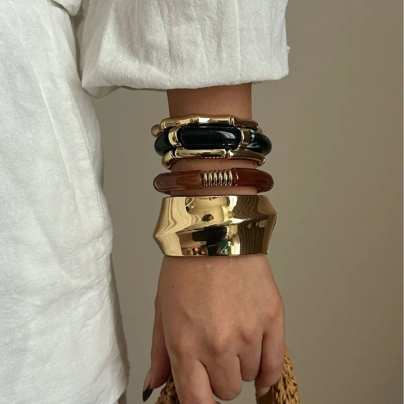 Warm Color Geometric Pattern Alloy Resin Bracelet Set