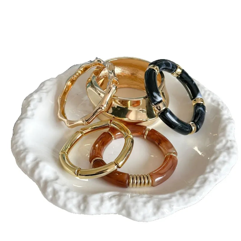 Warm Color Geometric Pattern Alloy Resin Bracelet Set