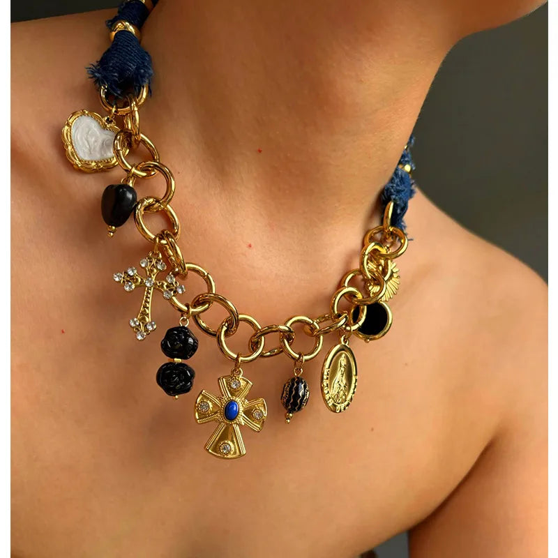 Retro Luxury Denim Patchwork Stainless Steel  18K Gold Plated charm neck piece