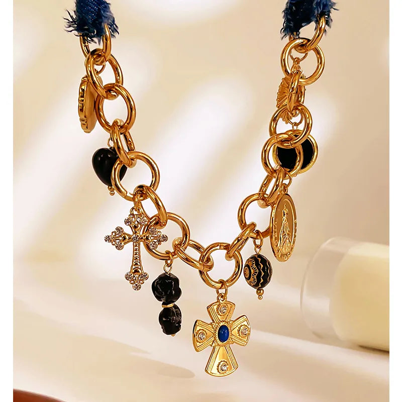 Retro Luxury Denim Patchwork Stainless Steel  18K Gold Plated charm neck piece
