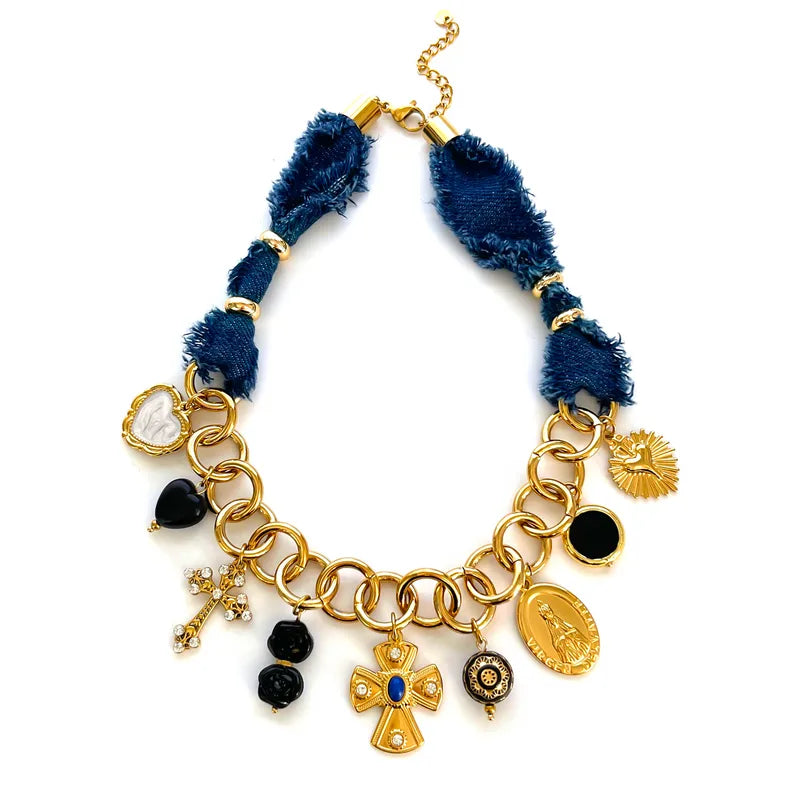 Retro Luxury Denim Patchwork Stainless Steel  18K Gold Plated charm neck piece