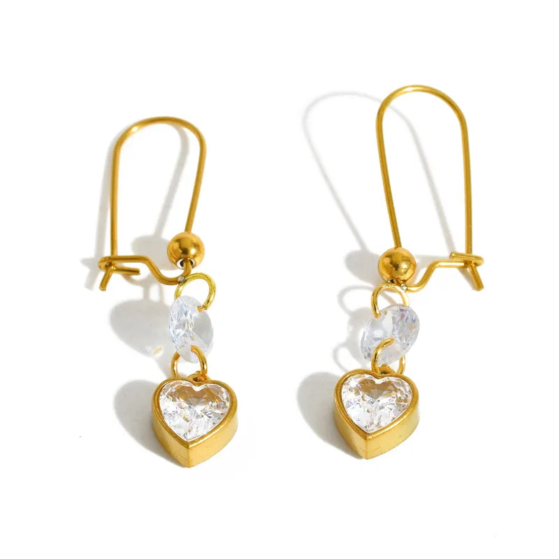 Stainless Steel 18K Gold Plated Zircon Heart Pendant Earrings
