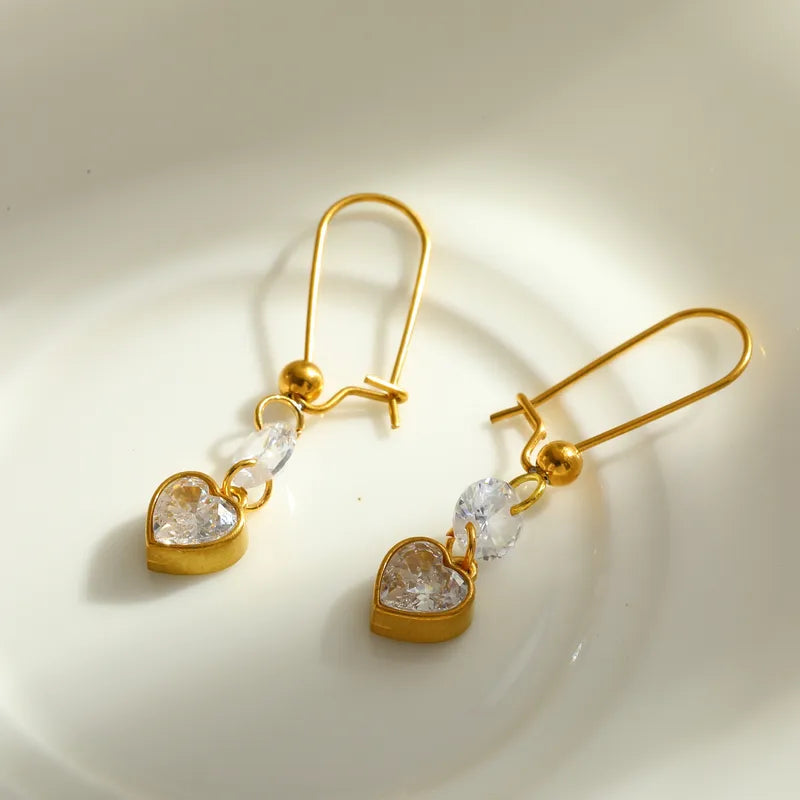 Stainless Steel 18K Gold Plated Zircon Heart Pendant Earrings