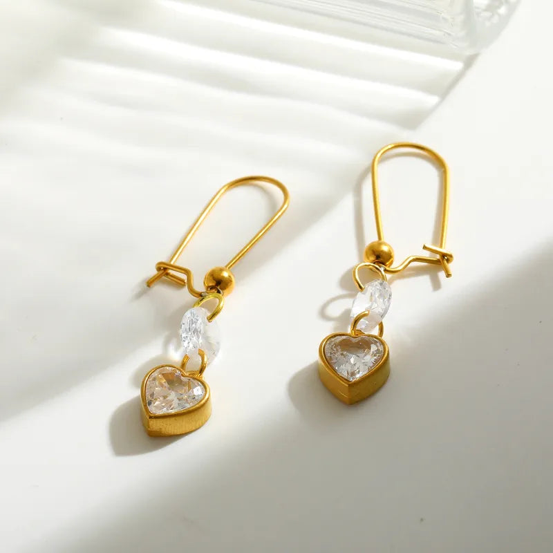 Stainless Steel 18K Gold Plated Zircon Heart Pendant Earrings