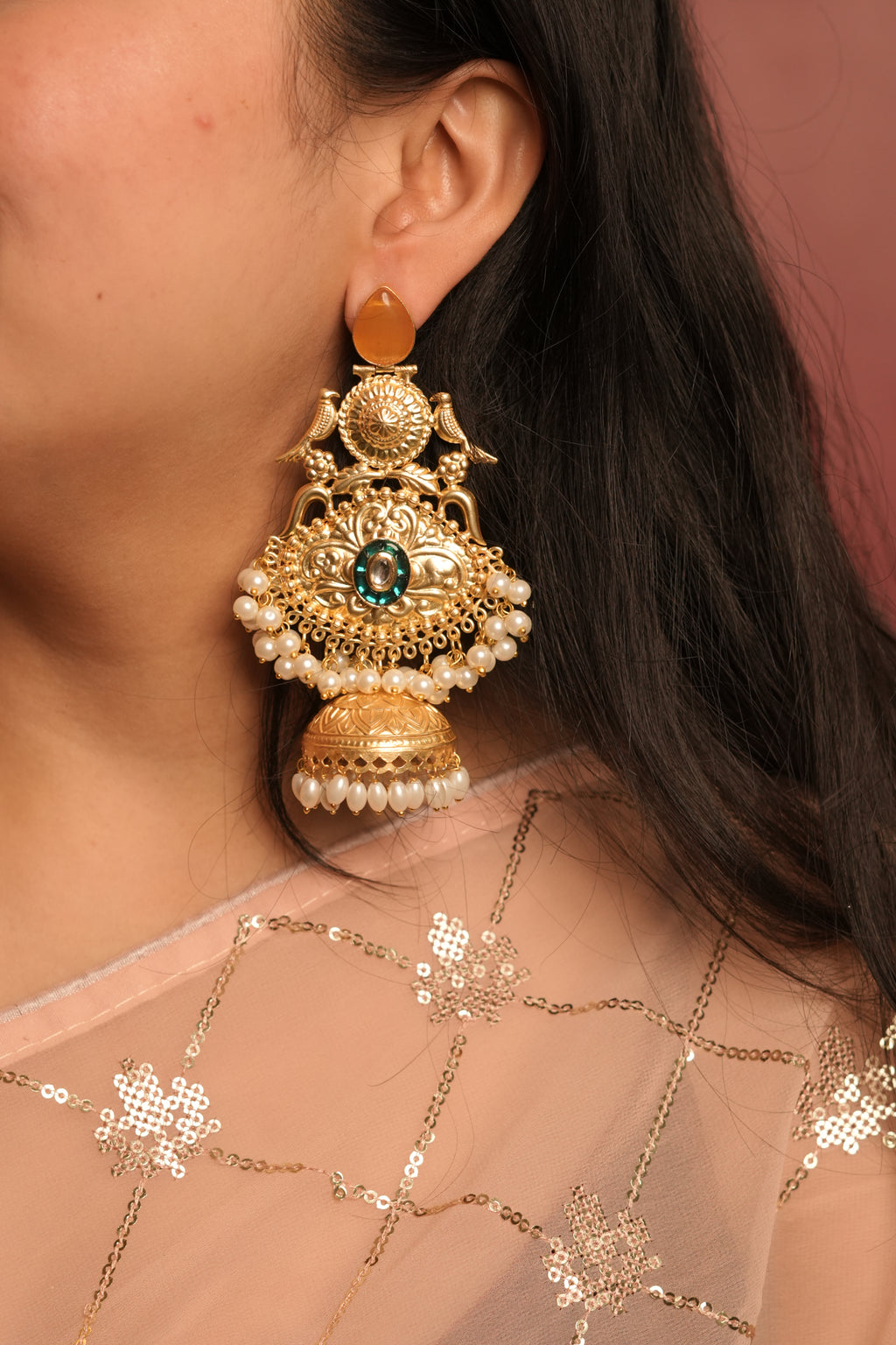 Rani Meher” Emerald Temple Jhumka – TaraSitara Royal Heirloom Collection