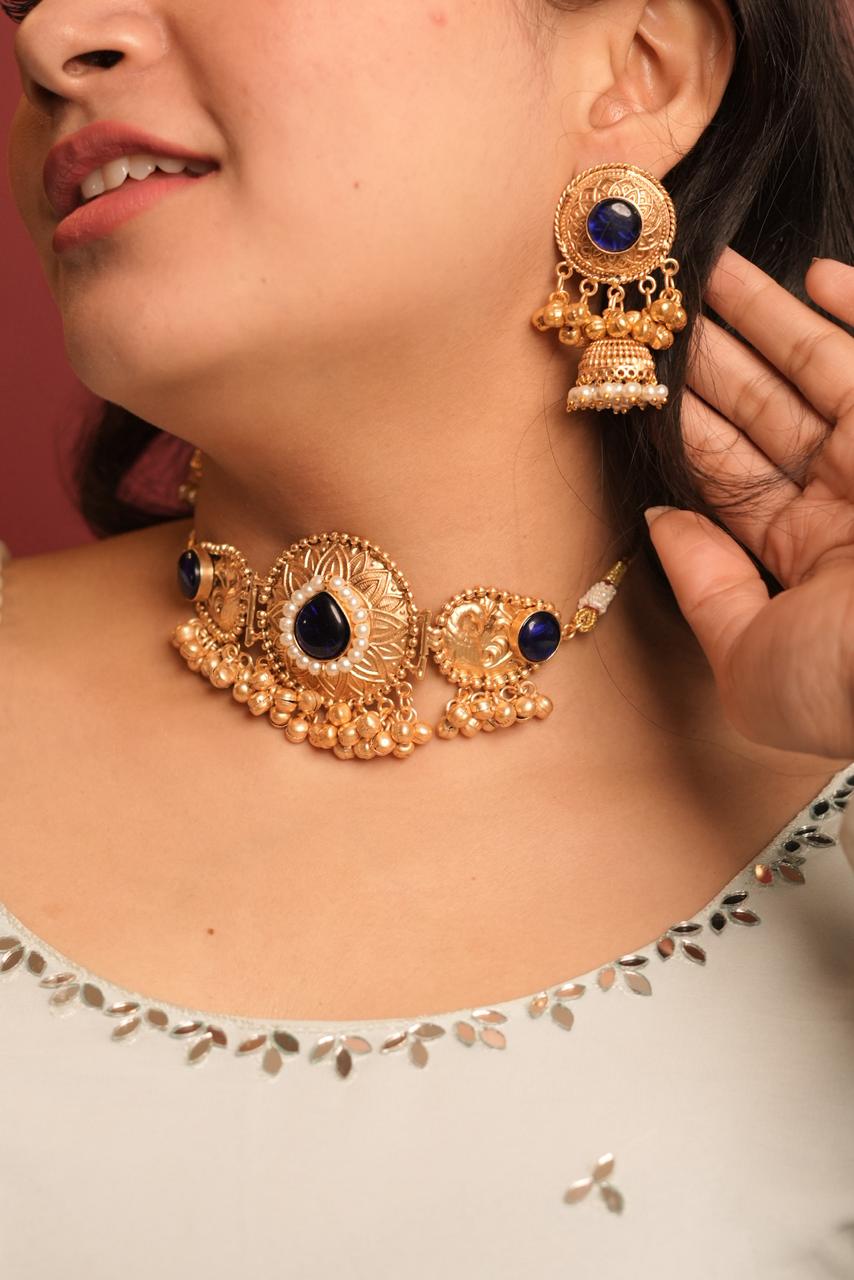 Maharani Blue Aura” Choker & Jhumka Set