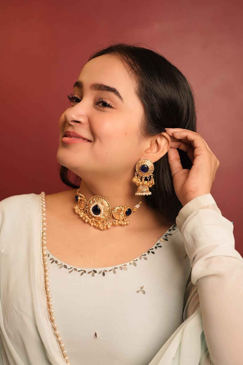 Maharani Blue Aura” Choker & Jhumka Set