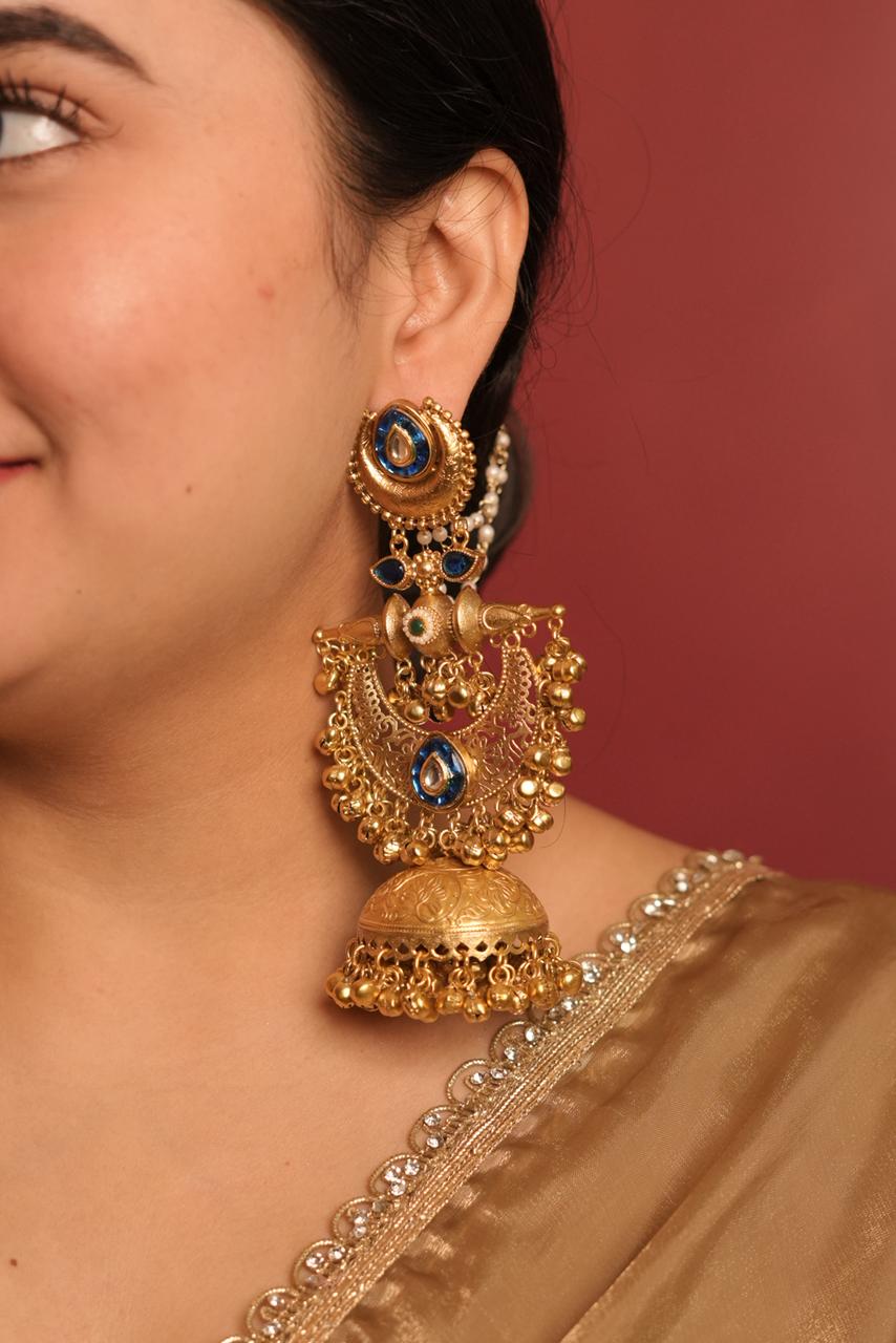 Noor-e-Royal” Kundan Jhumka with Blue Sapphire Detailing – TaraSitara Heritage Collection