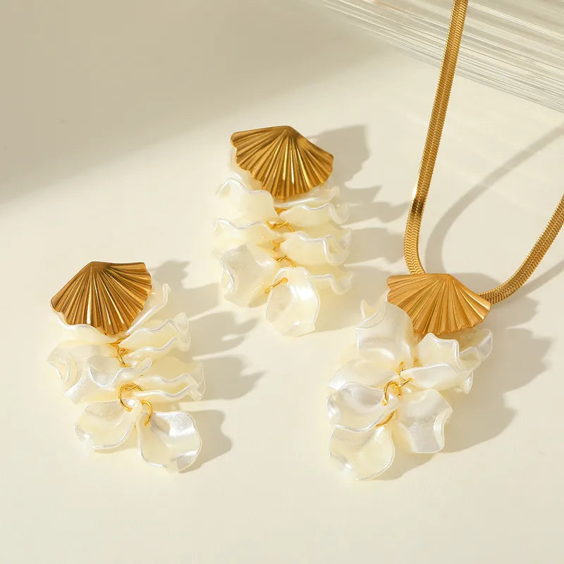 Retro Irregular Geometric Petal 304 Stainless Steel 18K Gold Plated Plating Inlay Blade Chain Ear Studs Necklace