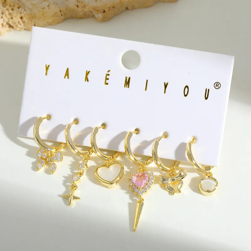 Copper Plated 14K Gold Embedded Zircon Heart Butterfly Knot Earring Set Sparkling Style