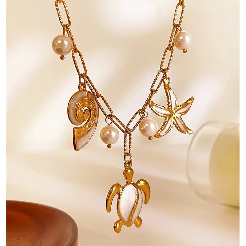 304 Stainless Steel Tortoise Starfish PVD Coated Imitation Pearl Rhinestones Enamel Real Gold Plated Nordic Style Marine Style Commute Waterproof Non Tarnish Irregular Surgical Steel